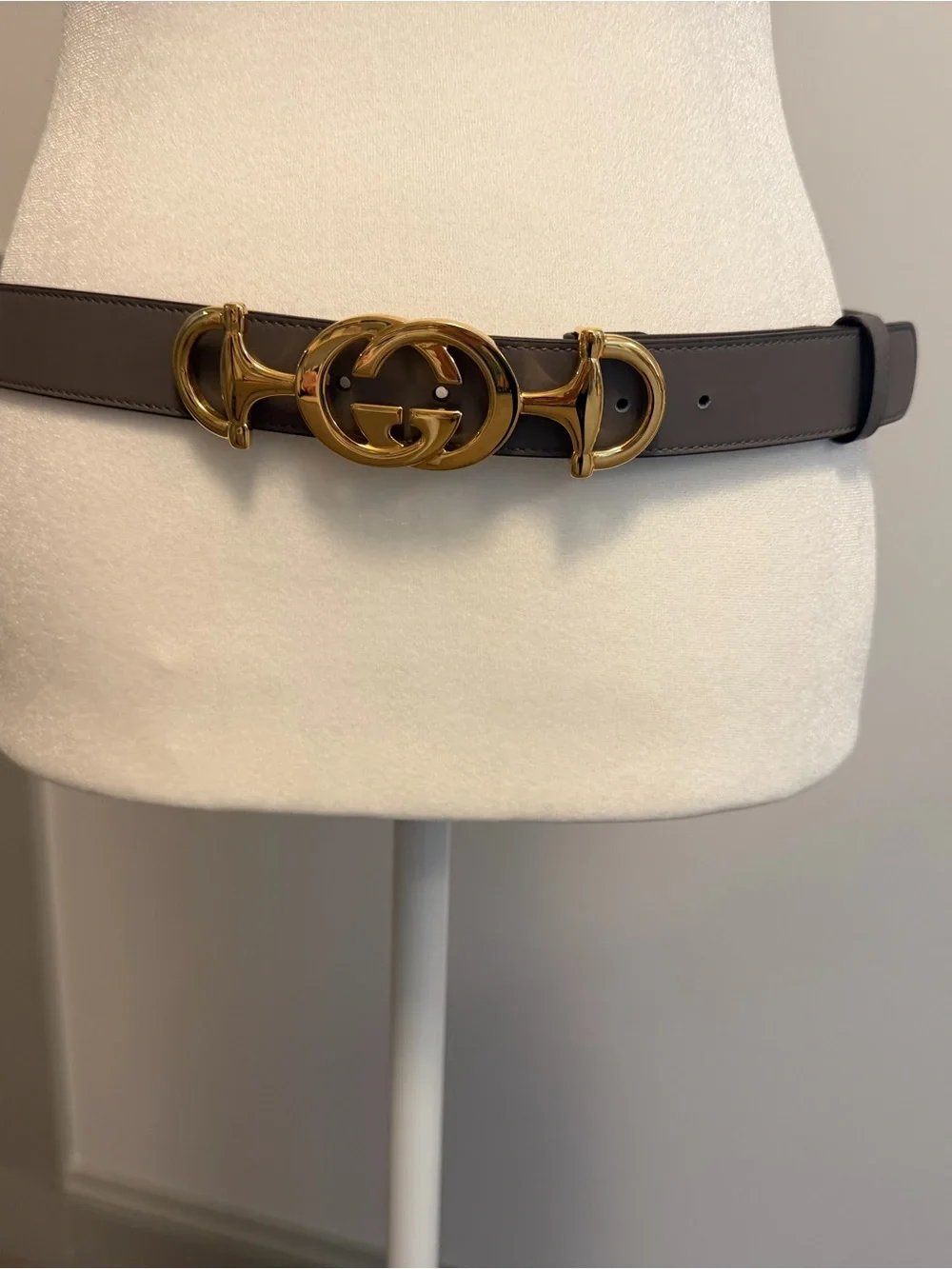 Gucci Gray Leather Belt with Gold Double G Buckle